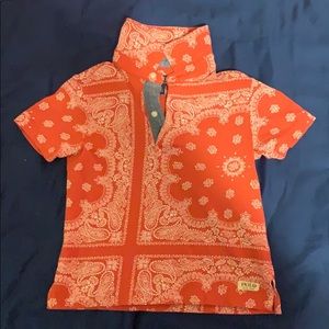 Red and white paisley collar button up shirt